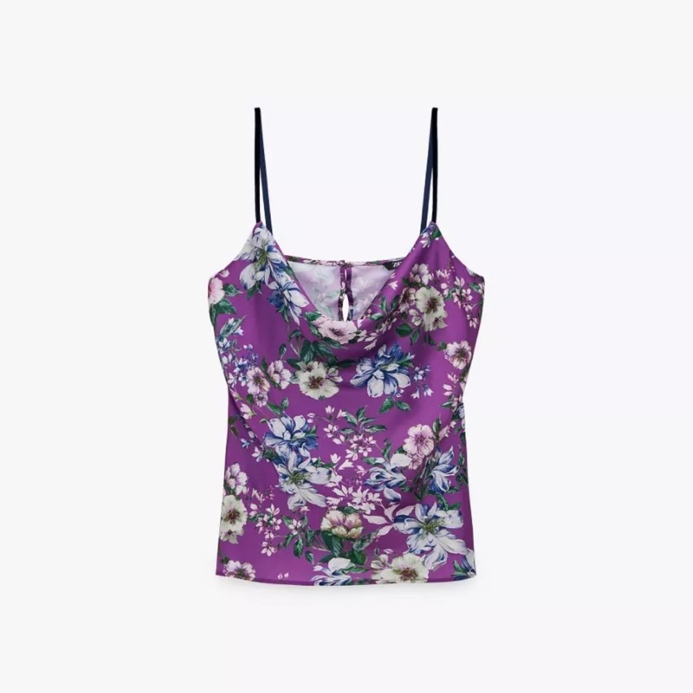 Zara Satin Silky Cowl Neck Blouse Camisole Floral Purple Bloomcore Lg Y2K Style